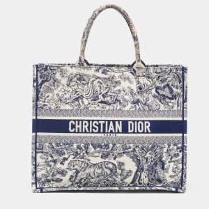 Pre Owned Dior Navy Blue/White Toile De Jouy Embroidery Canvas Large Book Tote
