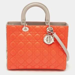 Pre Owned Dior Orange/Grey Cannage Leather and Python Large Lady Dior Tote