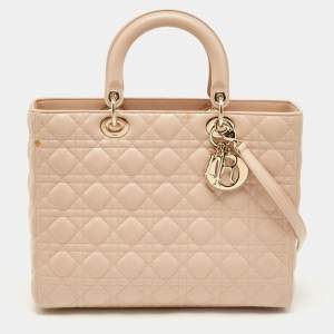 Pre Owned Dior Beige Cannage Leather Large Lady Dior Tote