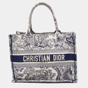 Pre Owned Dior Navy Blue/White Embroidered Canvas Medium Toile de Jouy Book Tote