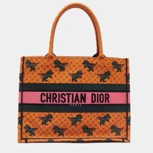 Pre Owned Dior Orange/Green Embroidered Canvas Medium Dino Book Tote