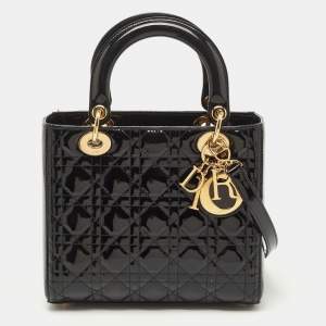 Dior Black Cannage Patent Leather Medium Lady Dior Tote