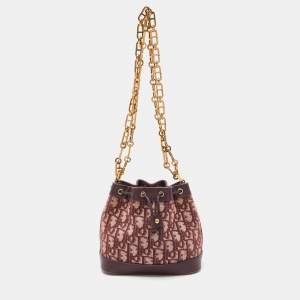 Pre Owned Dior Burgundy Oblique Canvas and Leather Drawstring Chain Bucket Bag