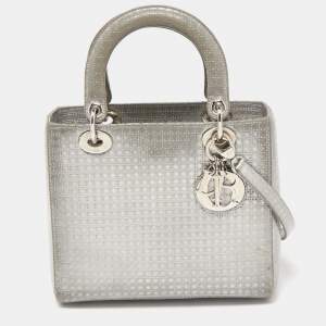 Pre Owned Dior Silver Microcannage Patent Leather Medium Lady Dior Tote