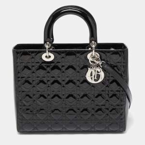 Pre Owned Dior Black Cannage Patent Leather Large Lady Dior Tote