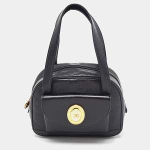 Dior Black Leather Vintage Logo Pocket Satchel