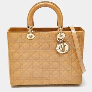Pre Owned Dior Beige Cannage Patent Leather Large Lady Dior Tote