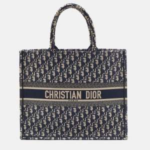 Dior Navy Blue Oblique Embroidered Canvas Large Book Tote