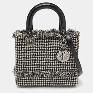 Pre Owned Dior Black/White Houndstooth Patterned Tweed Medium Lady Dior Tote