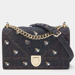 Pre Owned Dior Blue Denim Medium Crystal Embellished Diorama Shoulder Bag