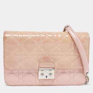Pre Owned Dior Light Pink Cannage Patent Leather Miss Dior Promenade Chain Bag