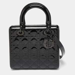 Dior Black Cannage Patent Leather Medium Lady Dior Tote