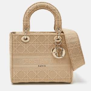 Dior Beige Cannage Embroidered Canvas Medium Lady D-Lite Tote