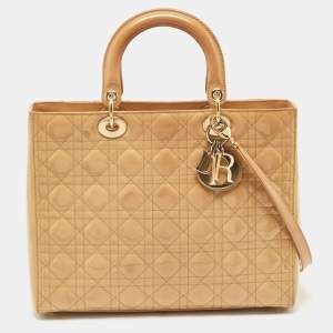 Pre Owned Dior Beige Cannage Patent Leather Large Lady Dior Tote