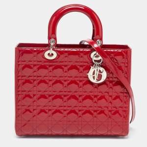 Pre Owned Dior Red Cannage Patent Leather Large Lady Dior Tote