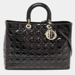 Dior Black Cannage Patent Leather Extra Large Lady Dior Tote