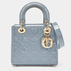 Pre Owned Dior Blue Cannage Patent Leather Small My Lady Dior Tote
