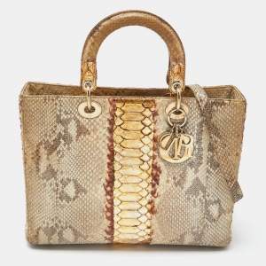 Pre Owned Dior Gold/Beige Python Large Lady Dior Tote