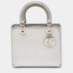 Pre Owned Dior Silver Micro Cannage Patent Leather Medium Lady Dior Tote