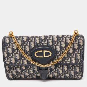 Pre Owned Dior Navy Blue Oblique Canvas and Leather CD Logo Chain Bag