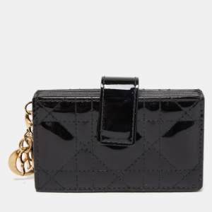 Pre Owned Dior Black Cannage Patent Leather Lady Dior 5 Gusset Card Holder