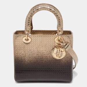 Dior Ombre Gold Micro Cannage Patent Leather Medium Lady Dior Tote