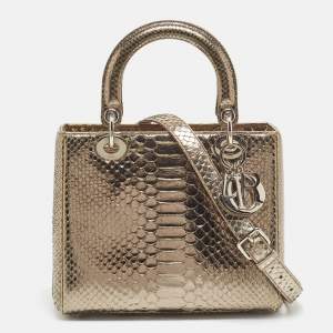 Pre Owned Dior Pale Gold Python Medium Lady Dior Tote