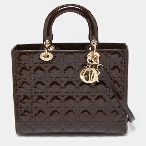 Dior Dark Brown Cannage Patent Leather Large Lady Dior Tote