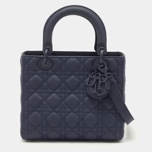 Dior Navy Blue Ultramatte Cannage Leather Medium Lady Dior Tote