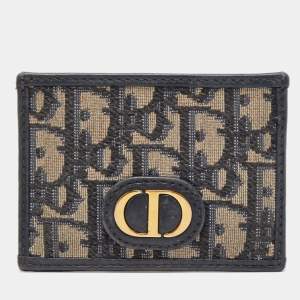 Pre Owned Dior Navy Blue Oblique Canvas and Leather Card Holder
