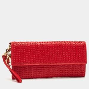 Dior Red Woven Leather Wristlet Clutch