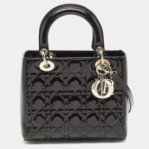 Pre Owned Dior Black Cannage Patent Leather Medium Lady Dior Tote