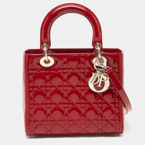 Pre Owned Dior Red Cannage Patent Leather Medium Lady Dior Tote