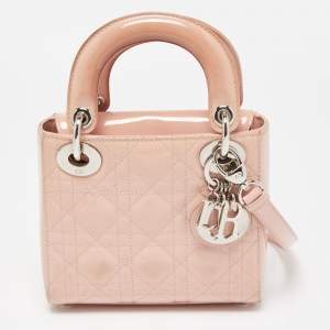 Pre Owned Dior Pink Cannage Patent Leather Mini Lady Dior Tote
