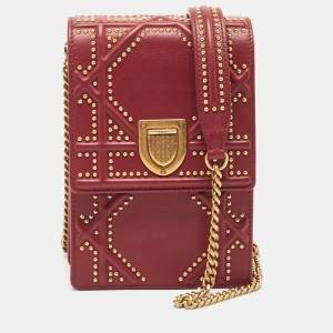 Pre Owned Dior Maroon Leather Studded Diorama Vertical Clutch Bag