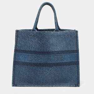 Pre Owned Dior Blue Oblique Denim Large Book Tote