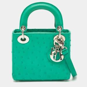 Pre Owned Dior Green Ostrich Leather Mini Lady Dior Tote
