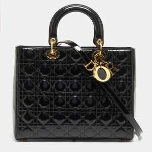 Pre Owned Dior Black Cannage Patent Leather Large Lady Dior Tote