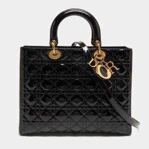 Dior Black Cannage Patent Leather Large Lady Dior Tote