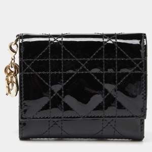 Pre Owned Dior Black Cannage Patent Leather Lady Dior Card Holder