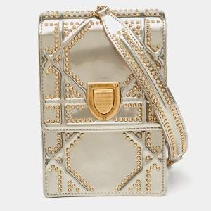 Pre Owned Dior Metallic Gold Glossy Leather Studded Diorama Vertical Clutch
