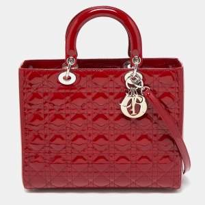 Pre Owned Dior Red Cannage Patent Leather Large Lady Dior Tote