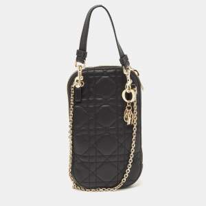 Dior Black Cannage Leather Lady Dior Phone Holder with Chain