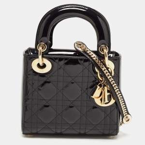 Dior Black Cannage Patent Leather Mini Lady Dior Tote