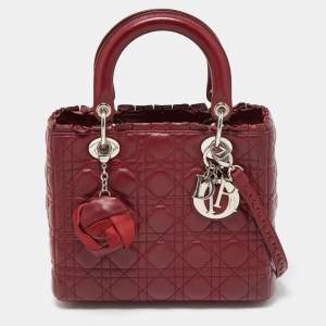 Pre Owned Dior Dark Red Cannage Leather Medium Flower Lady Dior Tote