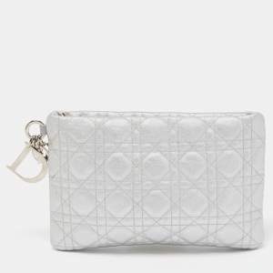 Pre Owned Dior Silver Cannage Coated Canvas Panarea Clutch