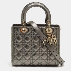 Pre Owned Dior Metallic Grey Cannage Leather Medium Lady Dior Tote