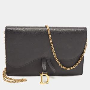 Pre Owned Dior Black Grained Leather Saddle Chain Pouch