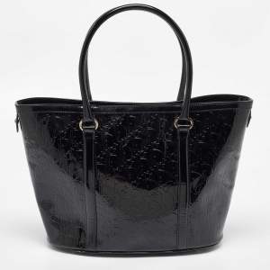 Pre Owned Dior Black Oblique Embossed Patent Leather Top Zip Tote