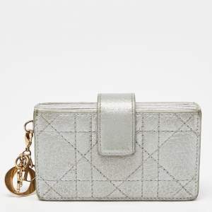 Pre Owned Dior Metallic Grey Cannage Leather 5 Gusset Card Holder